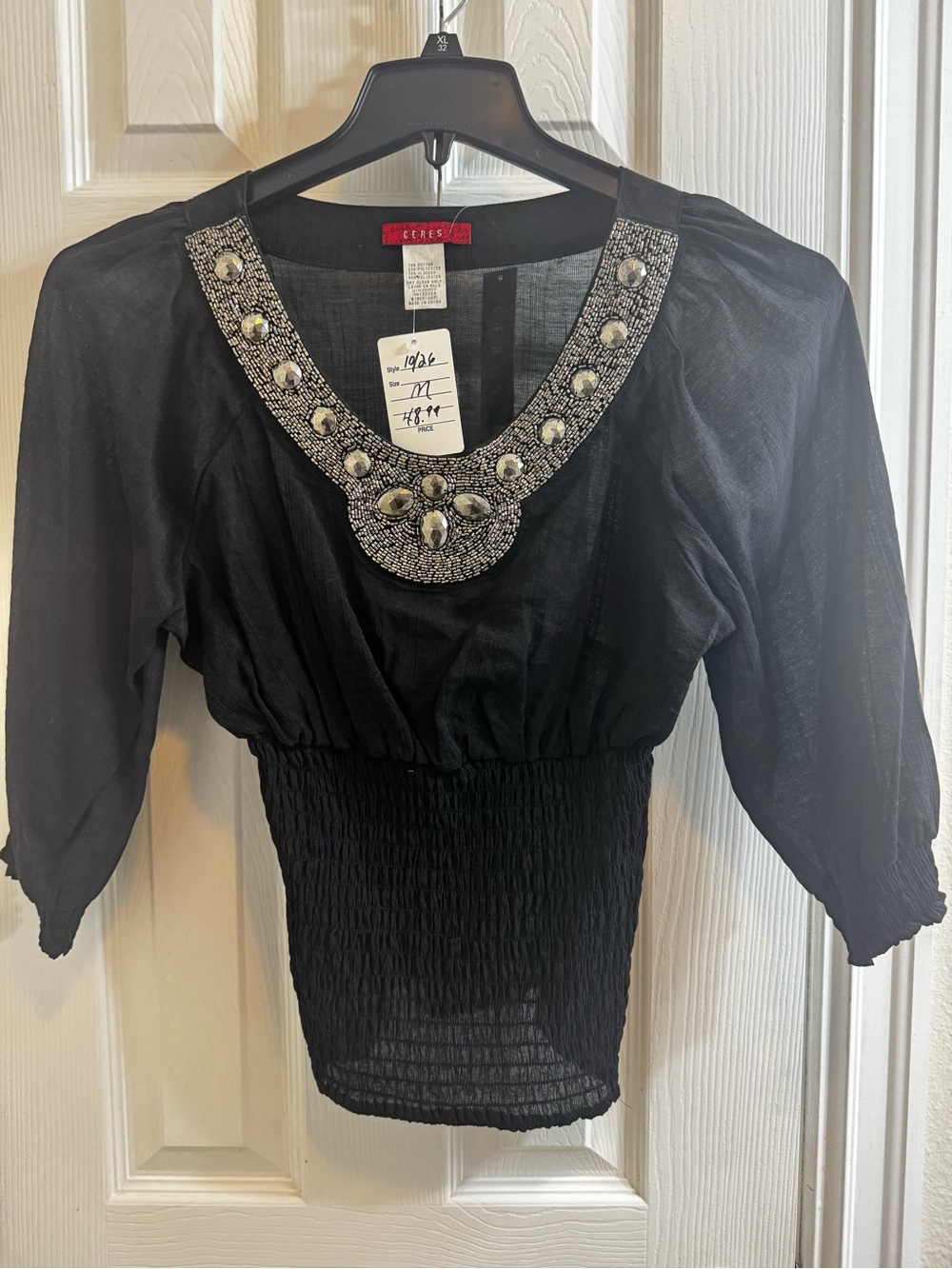 Creesje Black Embellished Scoop-Neck Puff Sleeve Blouse
